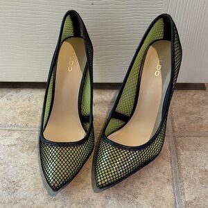 Neon ALDO Pointed Pumps with Black Mesh Overlay